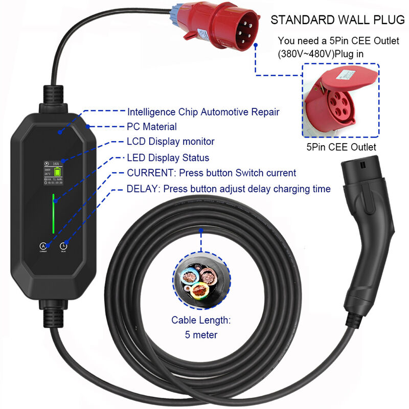 3 Phase 11KW 16Amp IEC 62169 Type 2 Portable EV Charger with 5 Pin Red CEE Plug - view 2