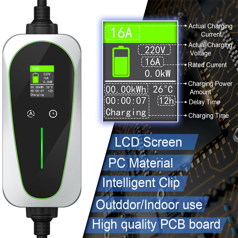 adjustable current and time delay function 16a 3 6kw ip67 led screen type 2 charging cable portable ev charger