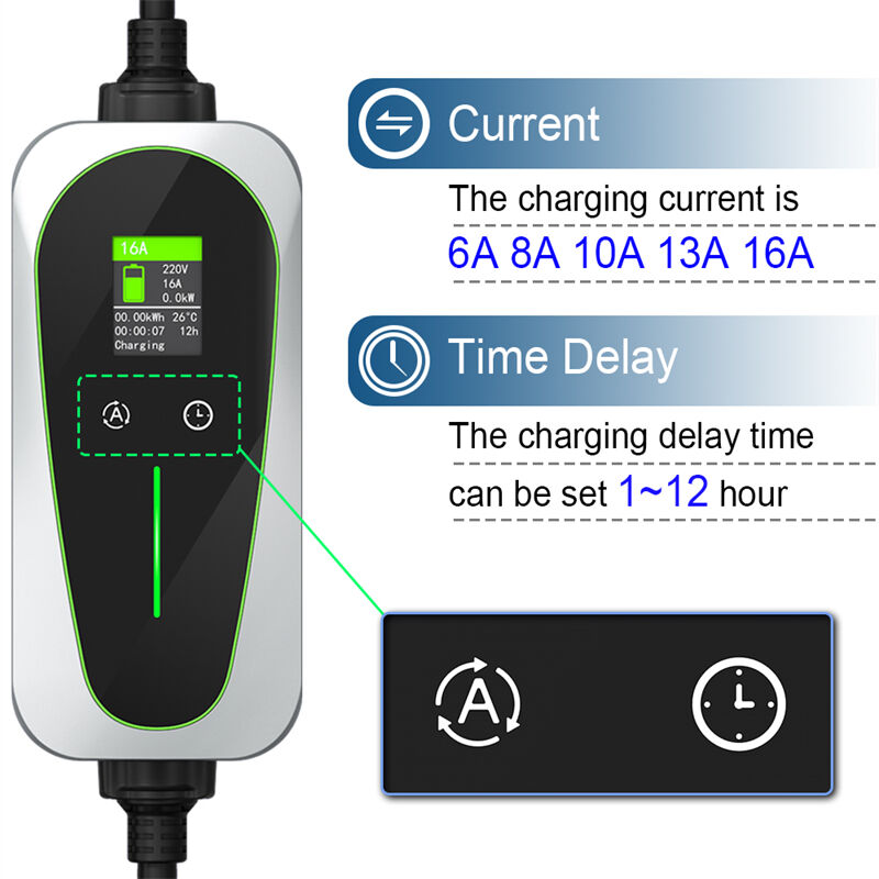 adjustable current and time delay function 16a 3 6kw ip67 led screen type 2 charging cable portable ev charger