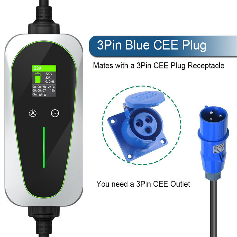 10A 16A 20A 24A 32A Current Adjustable 7KW Home Charger GBT EV Portable Charger With 3Pin Bule CEE Plug